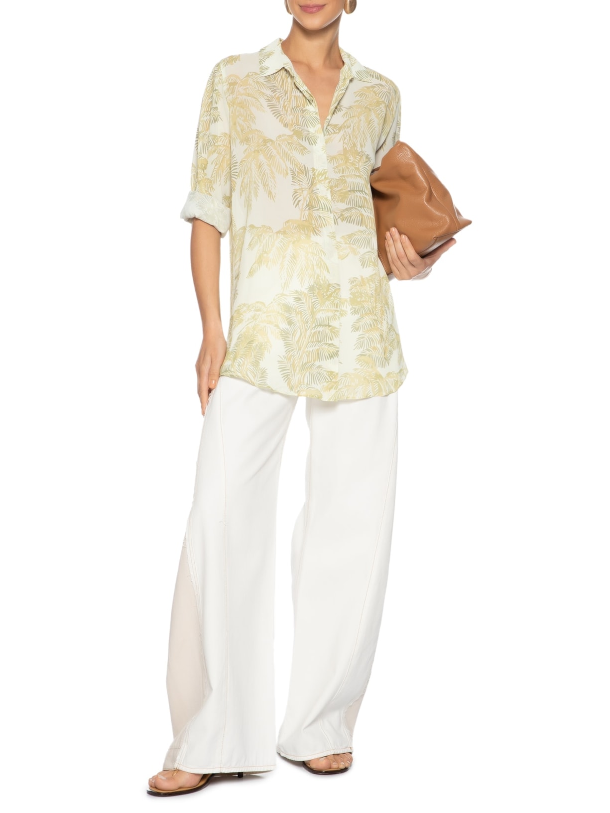 Camisa Feminina Longa Folhagem Plumes Verde Animale