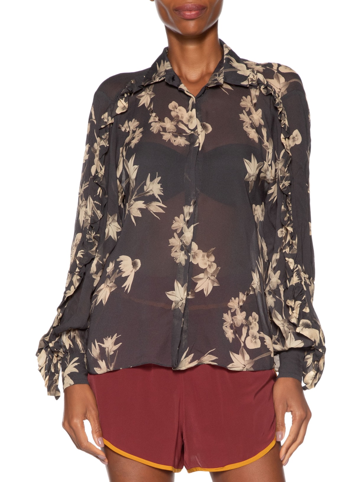 Camisa Feminina Manga Babados Floral Preto Animale