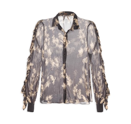 Camisa Feminina Manga Babados Floral - Preto