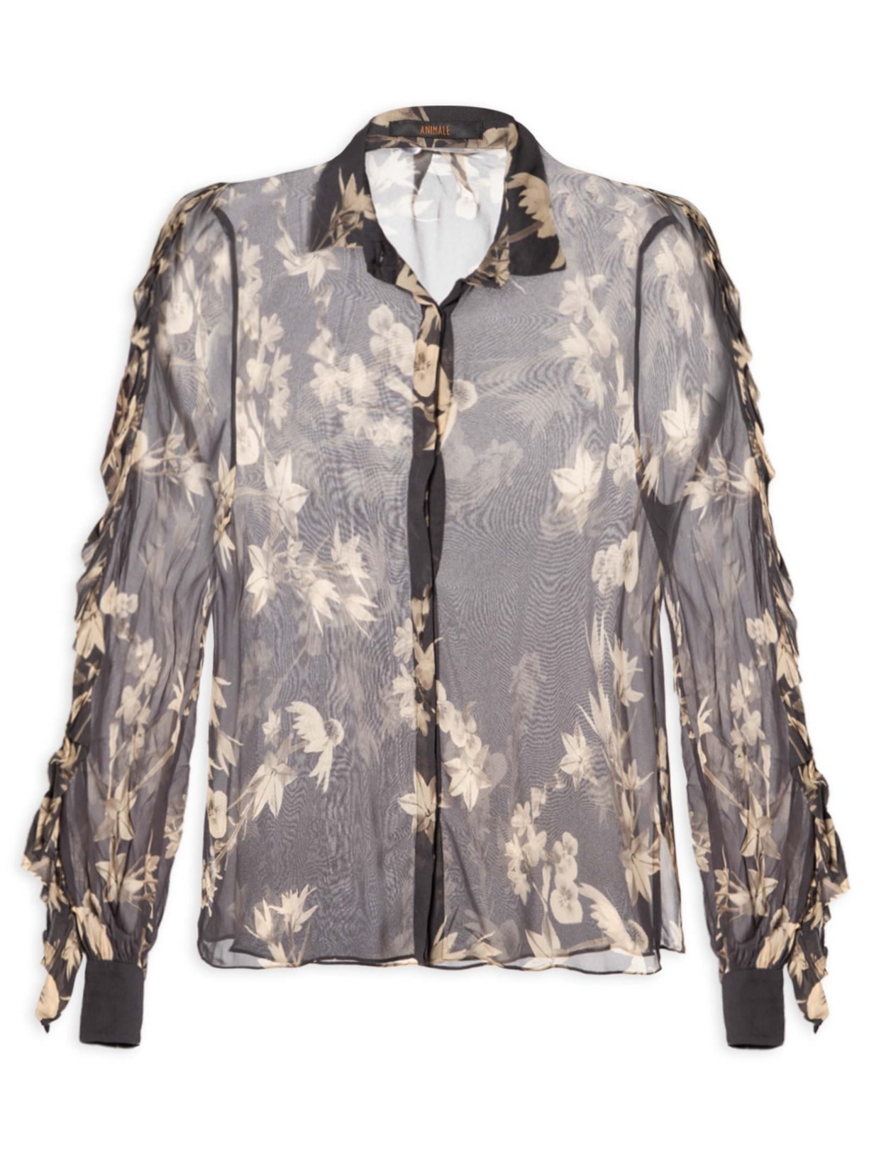 Camisa Feminina Manga Babados Floral - Preto