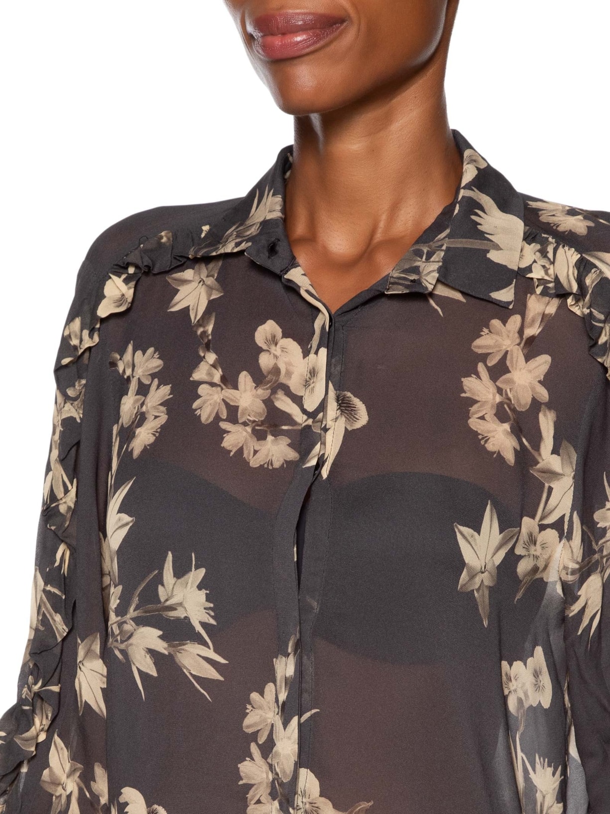Camisa Feminina Manga Babados Floral Preto Animale