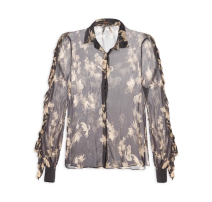 Camisa Feminina Manga Babados Floral - Preto