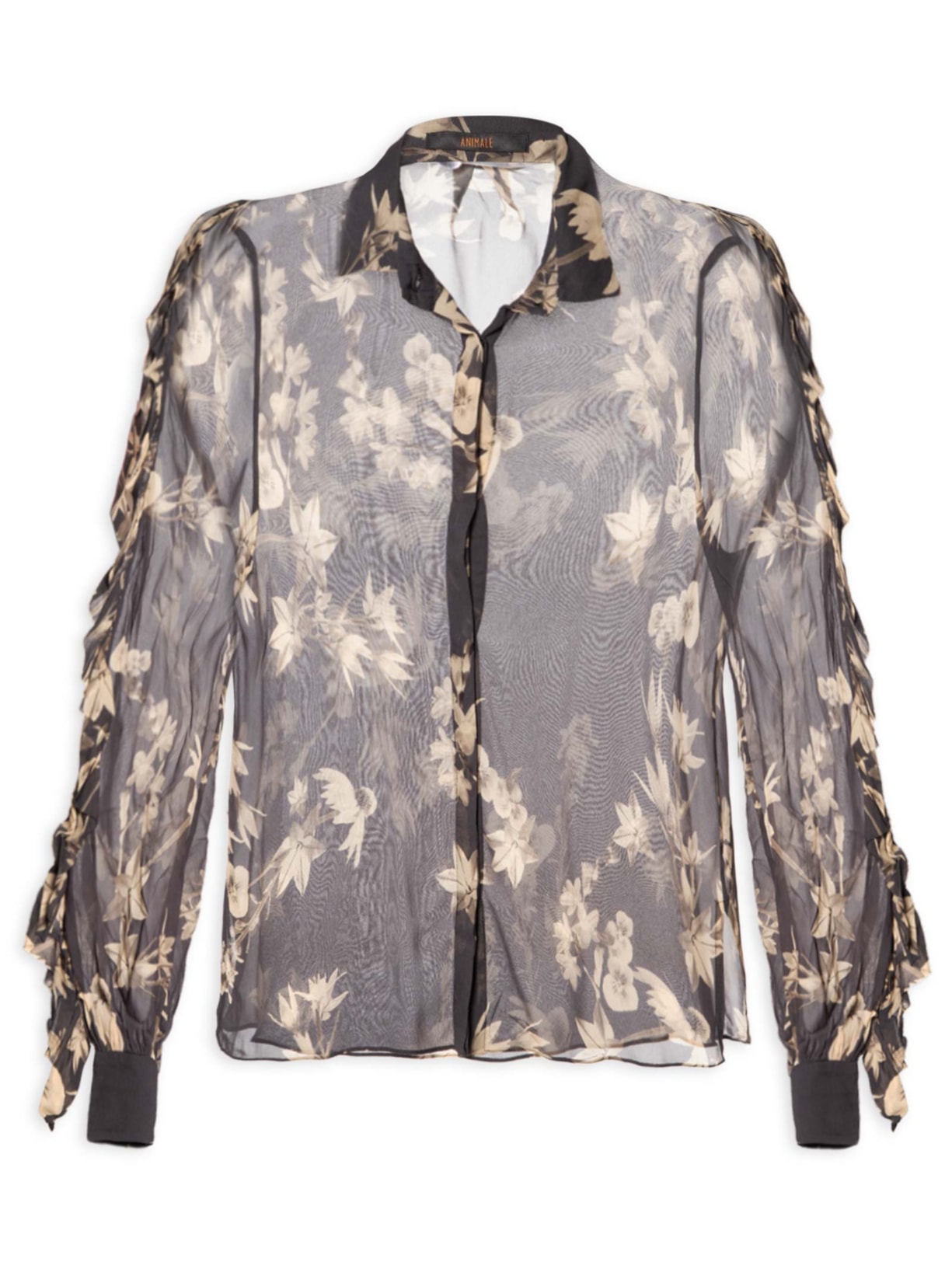 Camisa Feminina Manga Babados Floral - Preto
