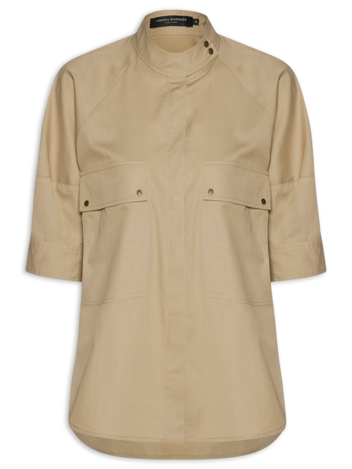 Camisa Feminina Manga Balão Bolsos Marrom Andrea Marques