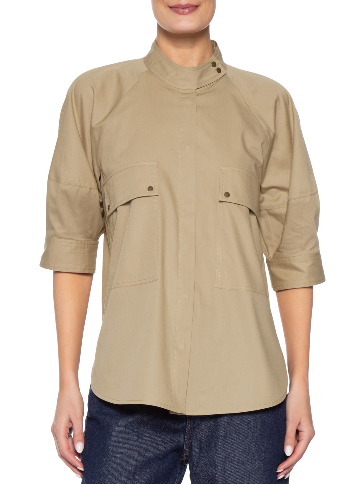 Camisa Feminina Manga Balão Bolsos Marrom Andrea Marques