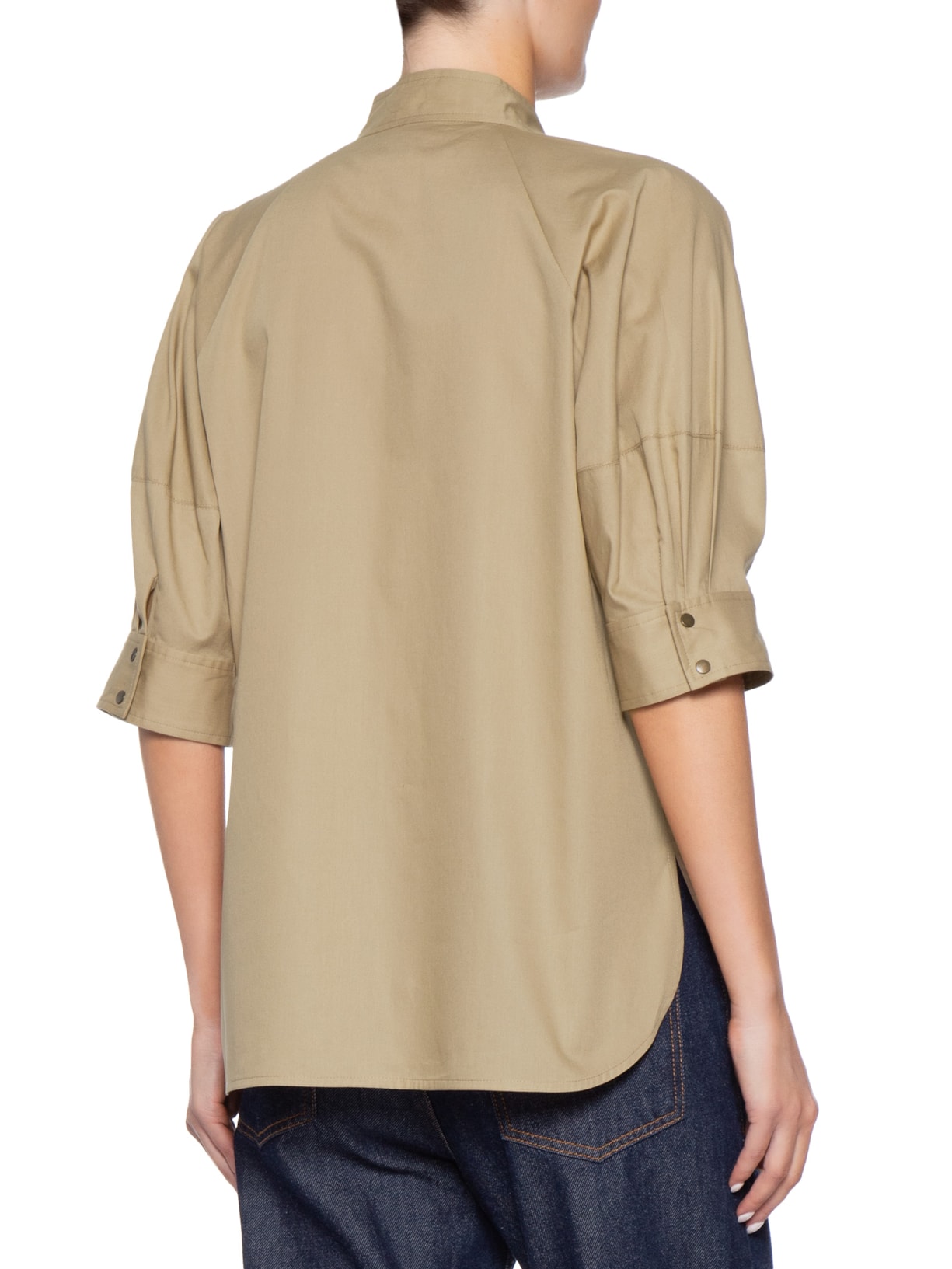 Camisa Feminina Manga Balão Bolsos Marrom Andrea Marques