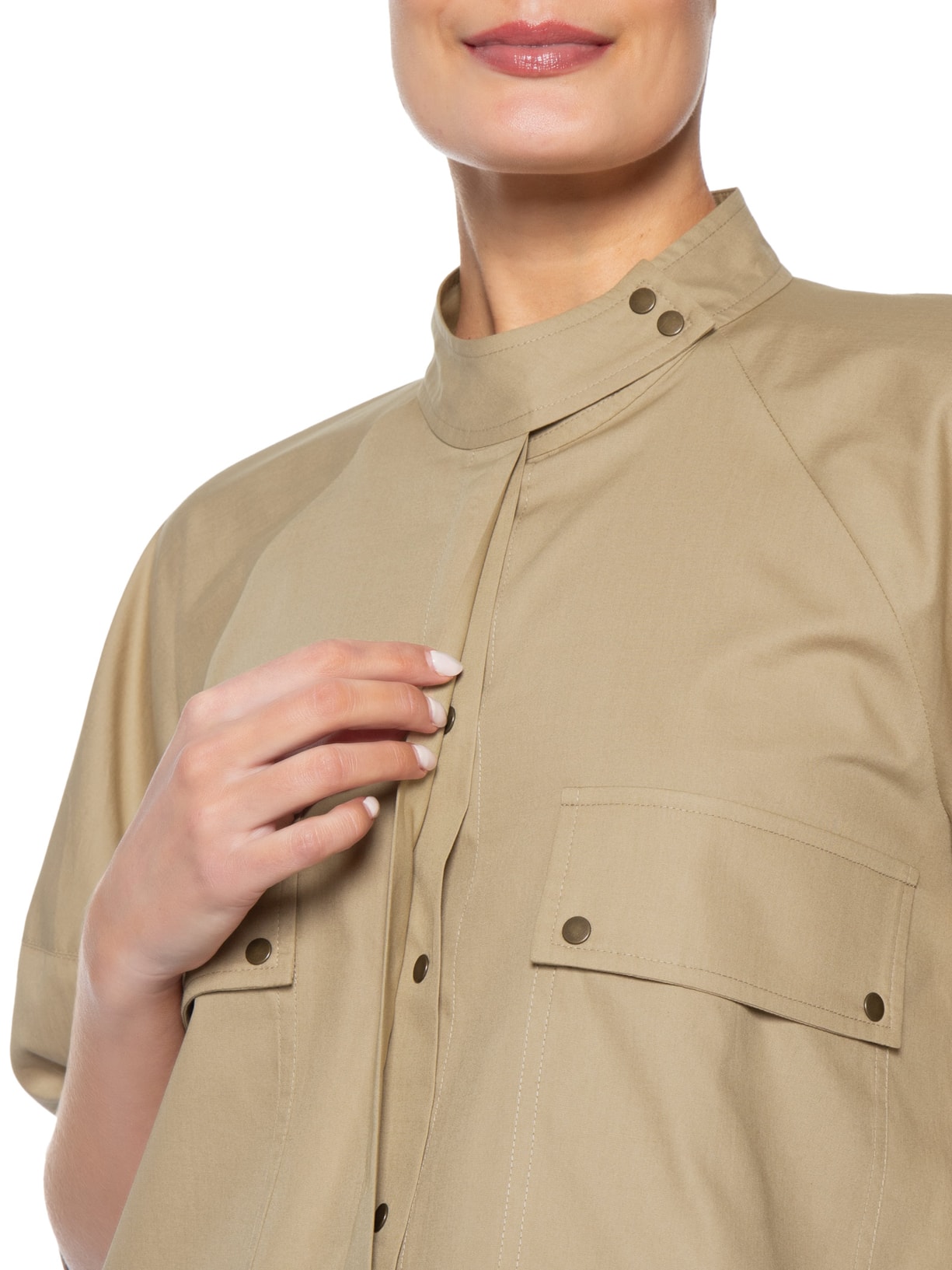 Camisa Feminina Manga Balão Bolsos Marrom Andrea Marques