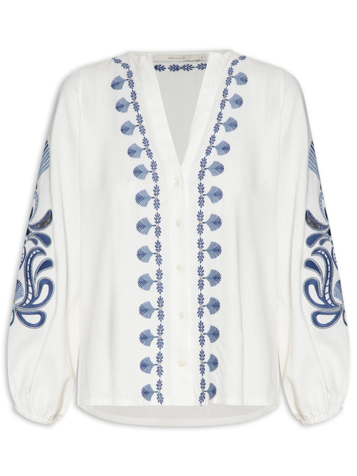 Camisa Feminina Manga Bordado Concha - Branco