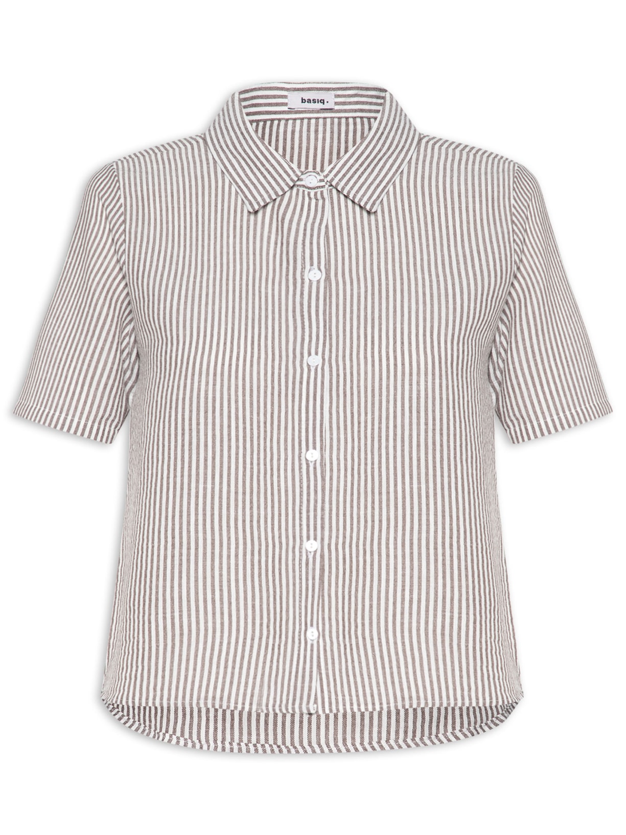 Camisa Feminina Manga Curta Listras Marrom Basiq
