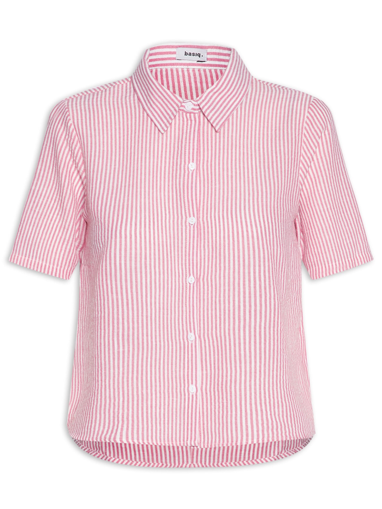 Camisa Feminina Manga Curta Listras Rosa Basiq