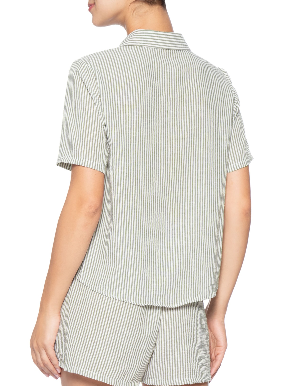 Camisa Feminina Manga Curta Listras Verde Basiq