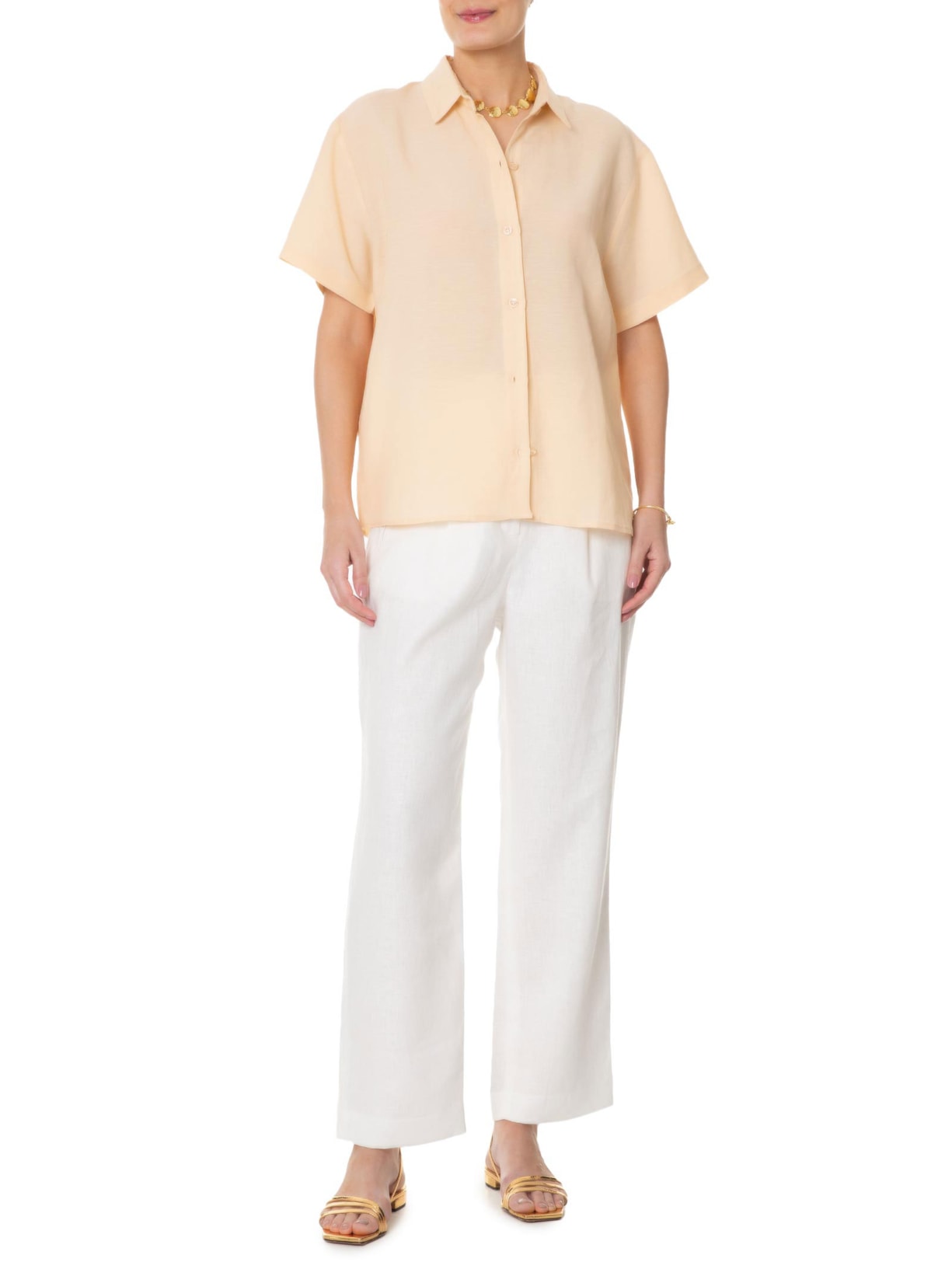 Camisa Feminina Manga Curta Reta Em Linho Misto Amarelo '2Essential