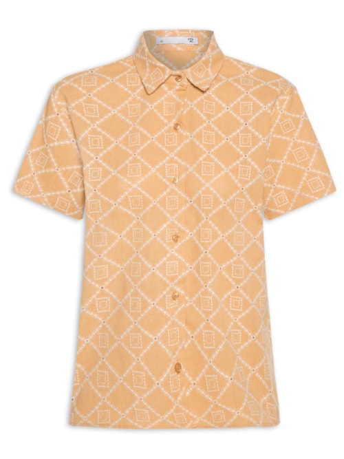 Camisa Feminina Manga Curta Reta Em Linho Misto Bordado - Bege