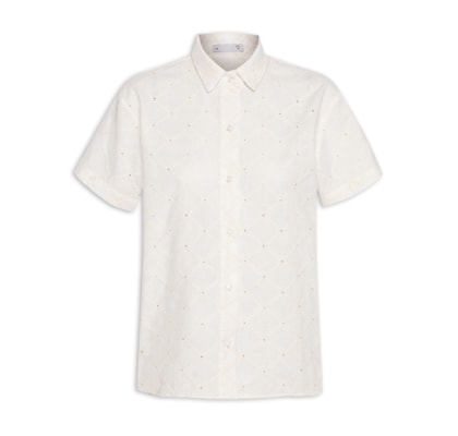 Camisa Feminina Manga Curta Reta Em Linho Misto Bordado - Off White
