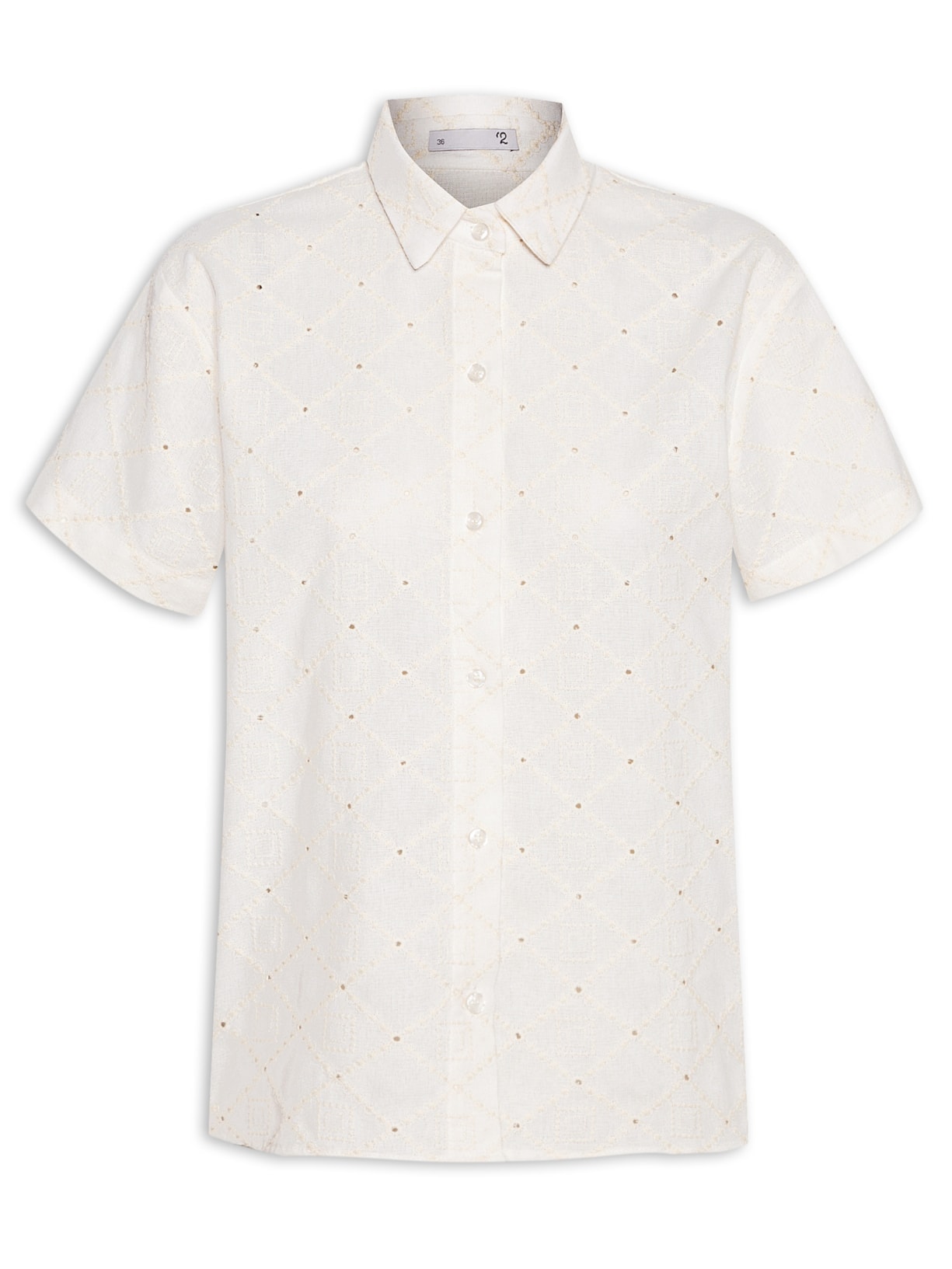 Camisa Feminina Manga Curta Reta Em Linho Misto Bordado - Off White