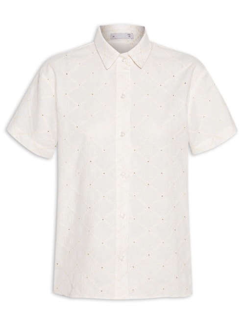 Camisa Feminina Manga Curta Reta Em Linho Misto Bordado - Off White