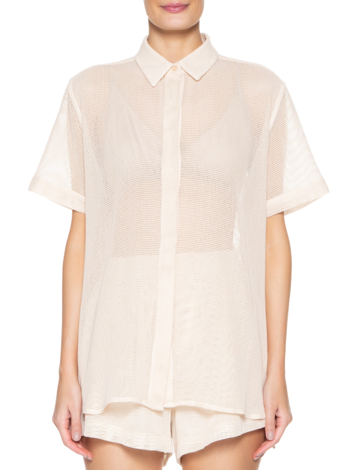 Camisa Feminina Manga Curta Tela Bege Osklen