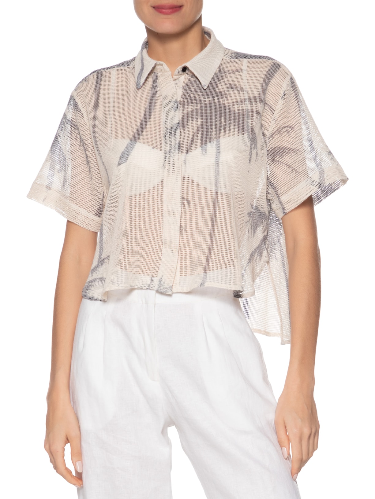 Camisa Feminina Manga Curta Tela Coqueiro Bege Osklen