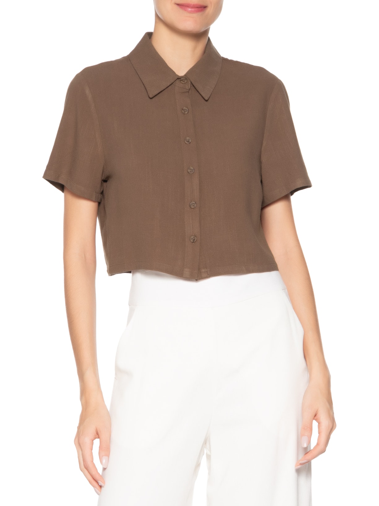 Camisa Feminina Manga Curta Texturizada Marrom Basiq