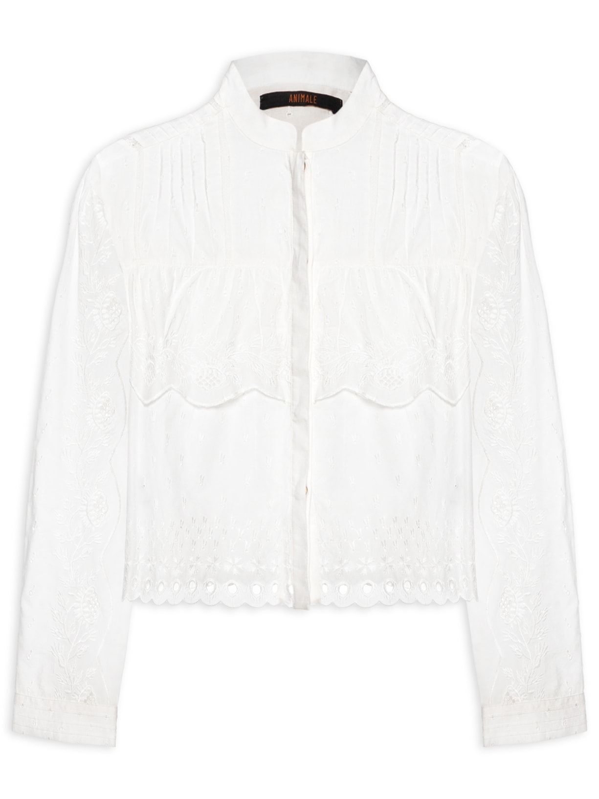 Camisa Feminina Manga Longa Bordado Camadas Branco Animale