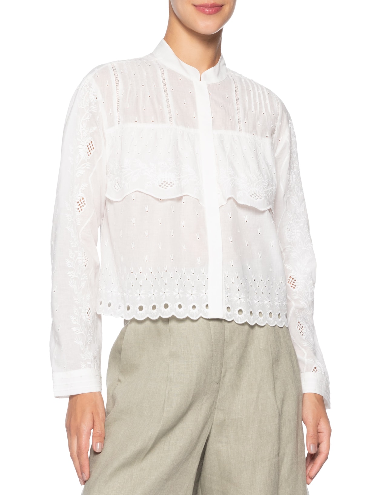 Camisa Feminina Manga Longa Bordado Camadas Branco Animale