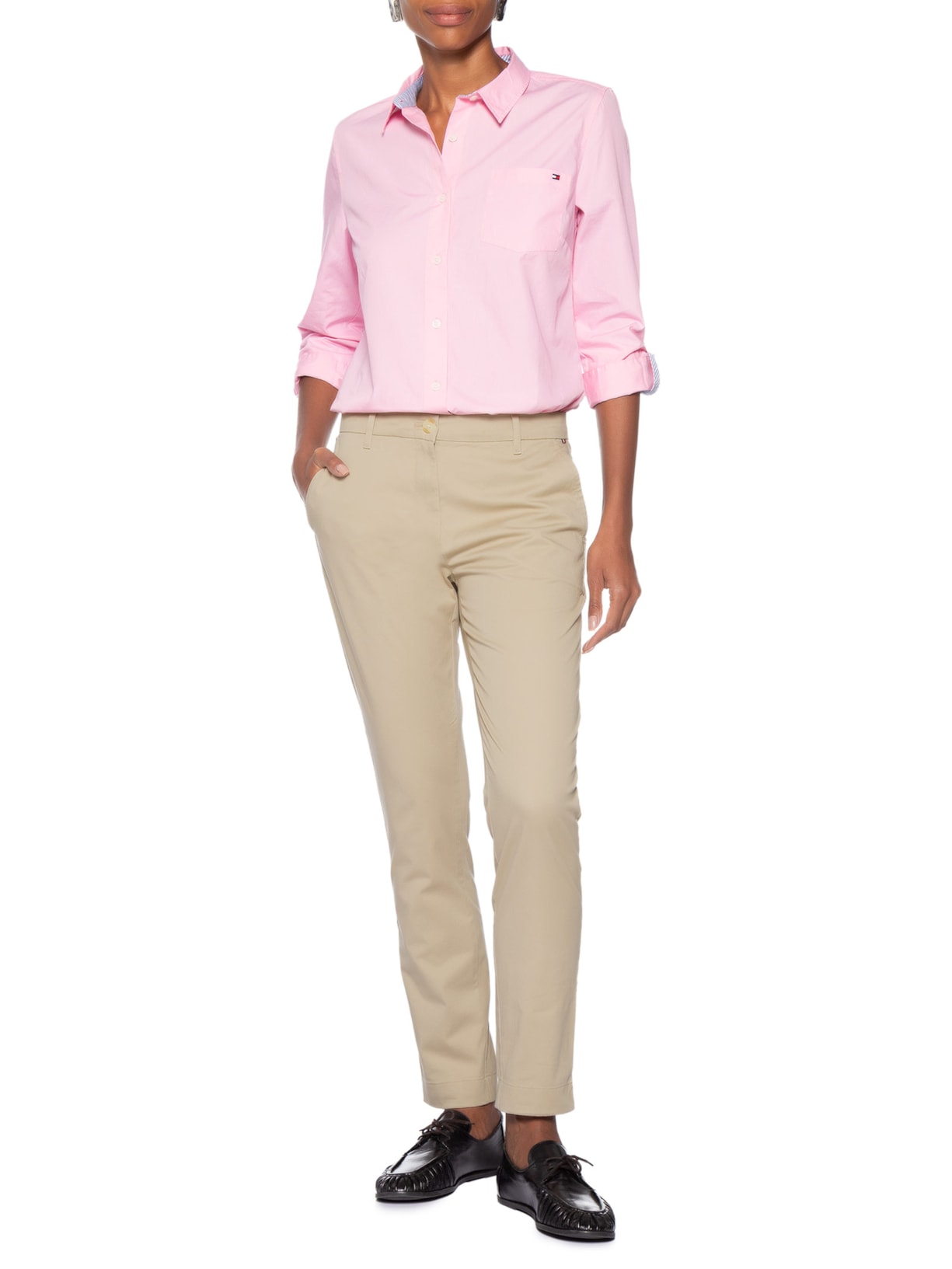 Camisa Feminina Manga Longa Classic Poplin Roll-Tab Ls Rosa Tommy Hilfiger