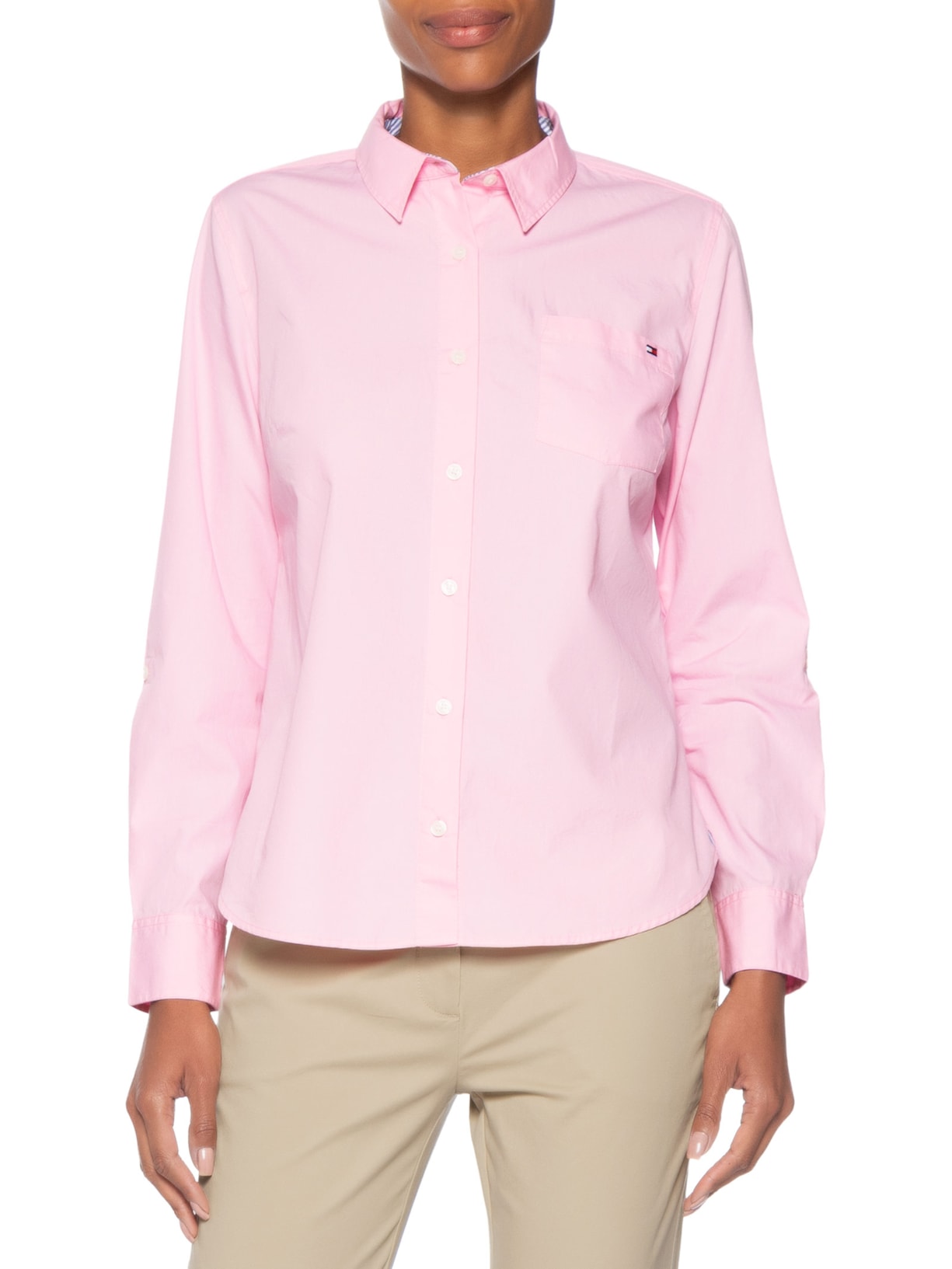 Camisa Feminina Manga Longa Classic Poplin Roll-Tab Ls Rosa Tommy Hilfiger