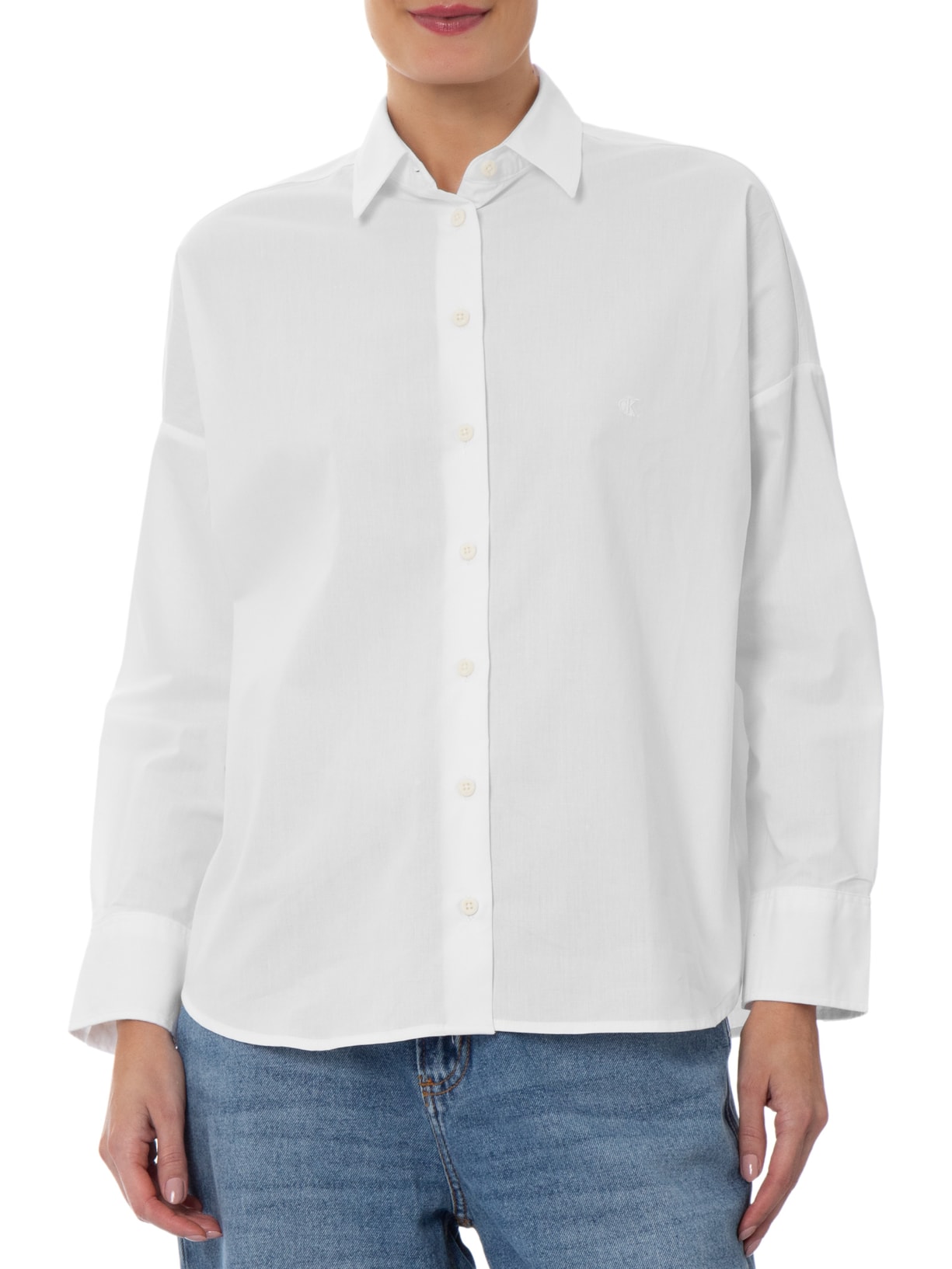 Camisa Feminina Manga Longa Com Bordado CK Branco Calvin Klein Jeans