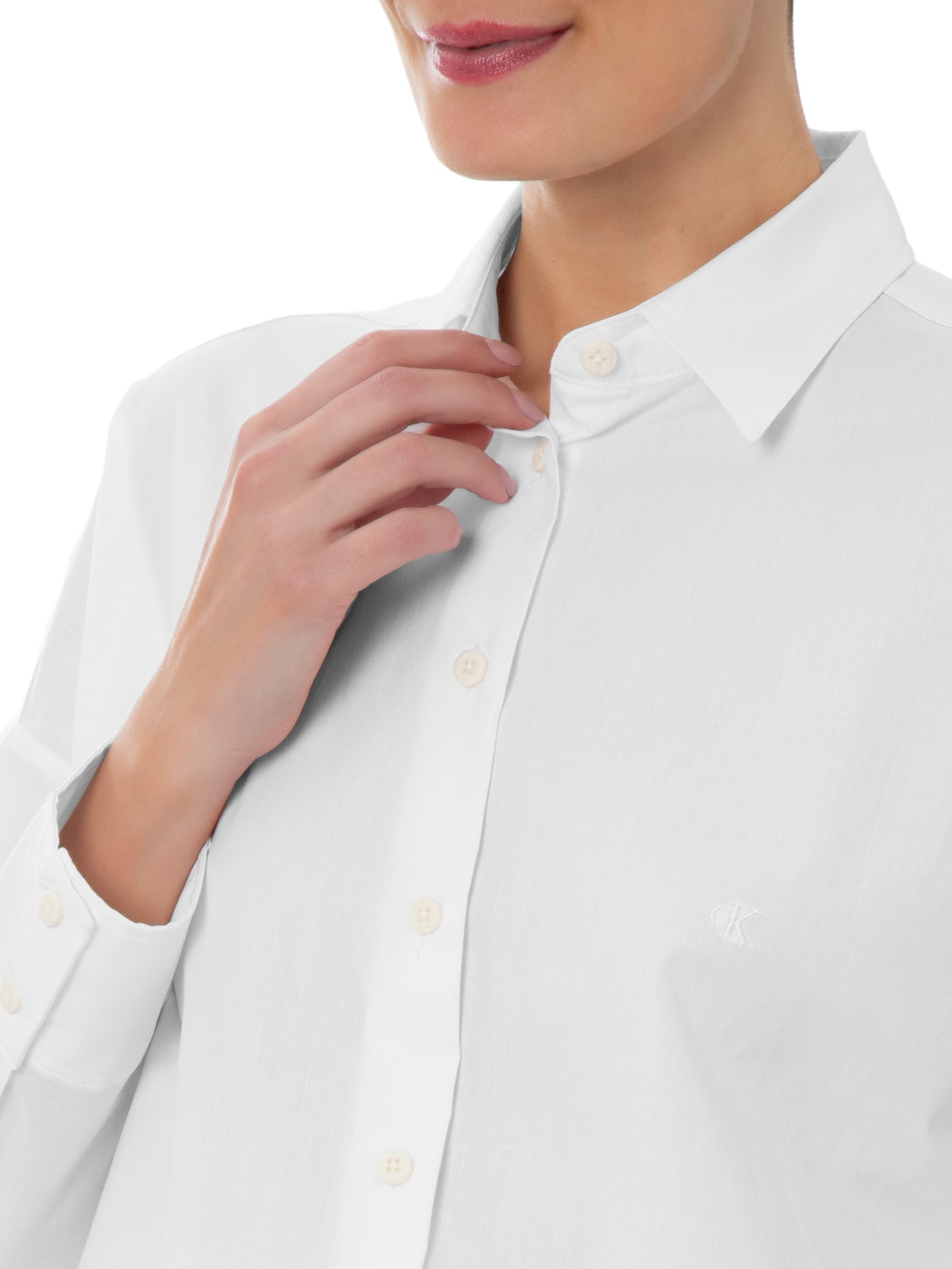 Camisa Feminina Manga Longa Com Bordado CK Branco Calvin Klein Jeans