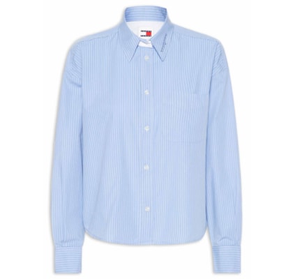 Camisa Feminina Manga Longa Crop Oxford - Azul