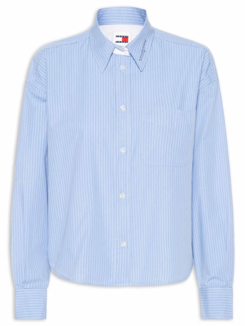 Camisa Feminina Manga Longa Crop Oxford - Azul