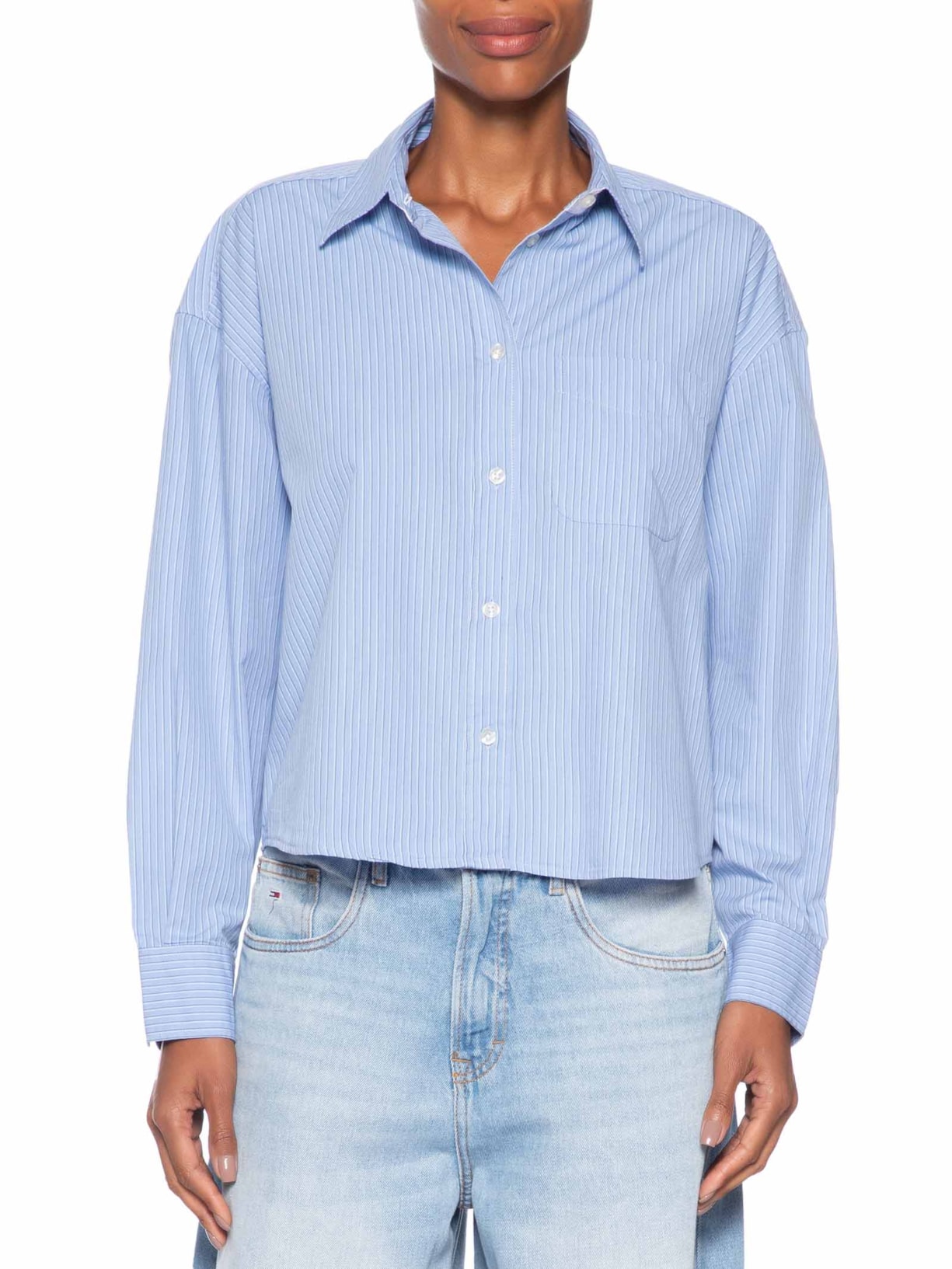 Camisa Feminina Manga Longa Crop Oxford Azul Tommy Jeans