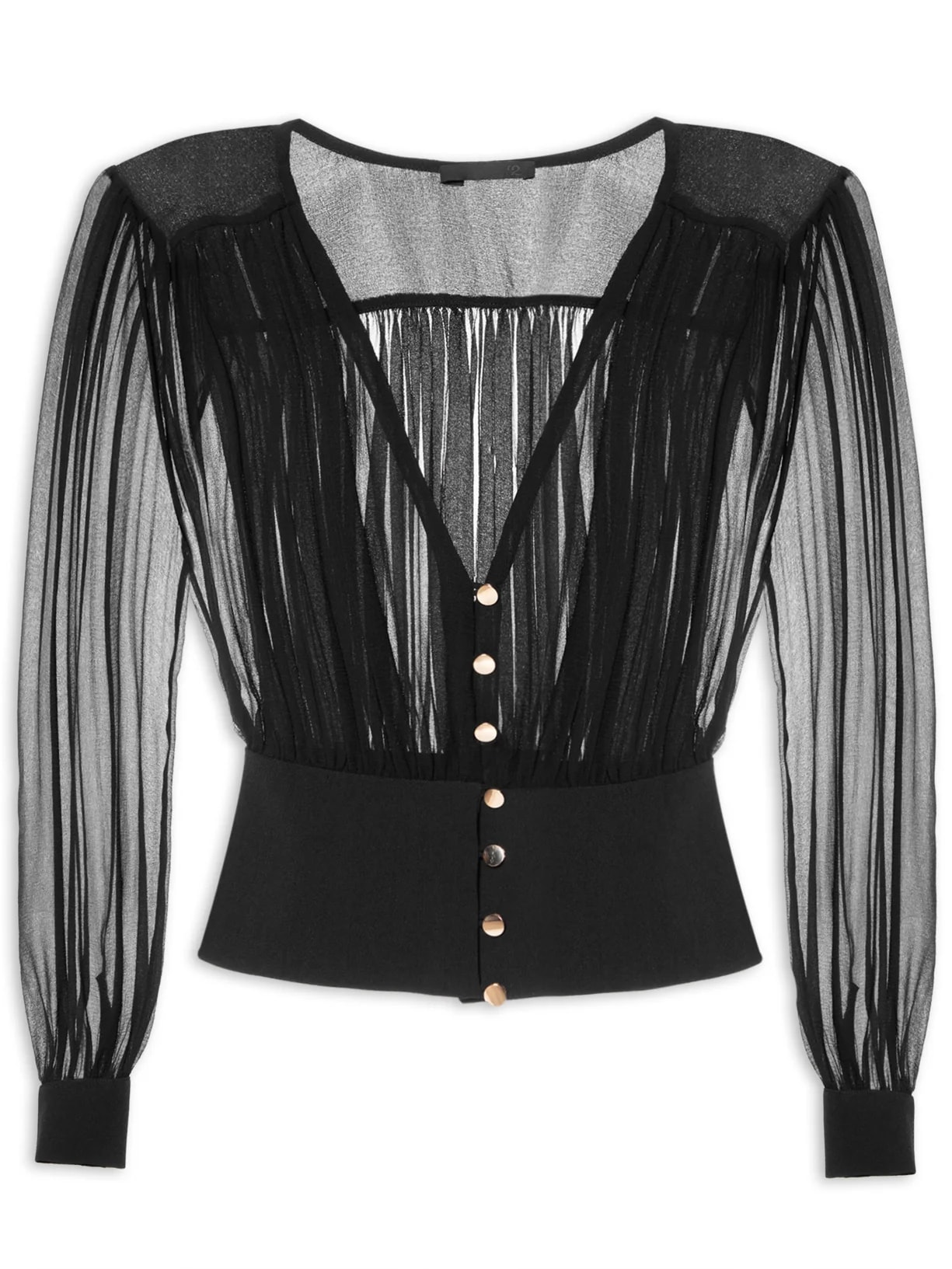 Camisa Feminina Manga Longa Franzidos com Pala - Preto