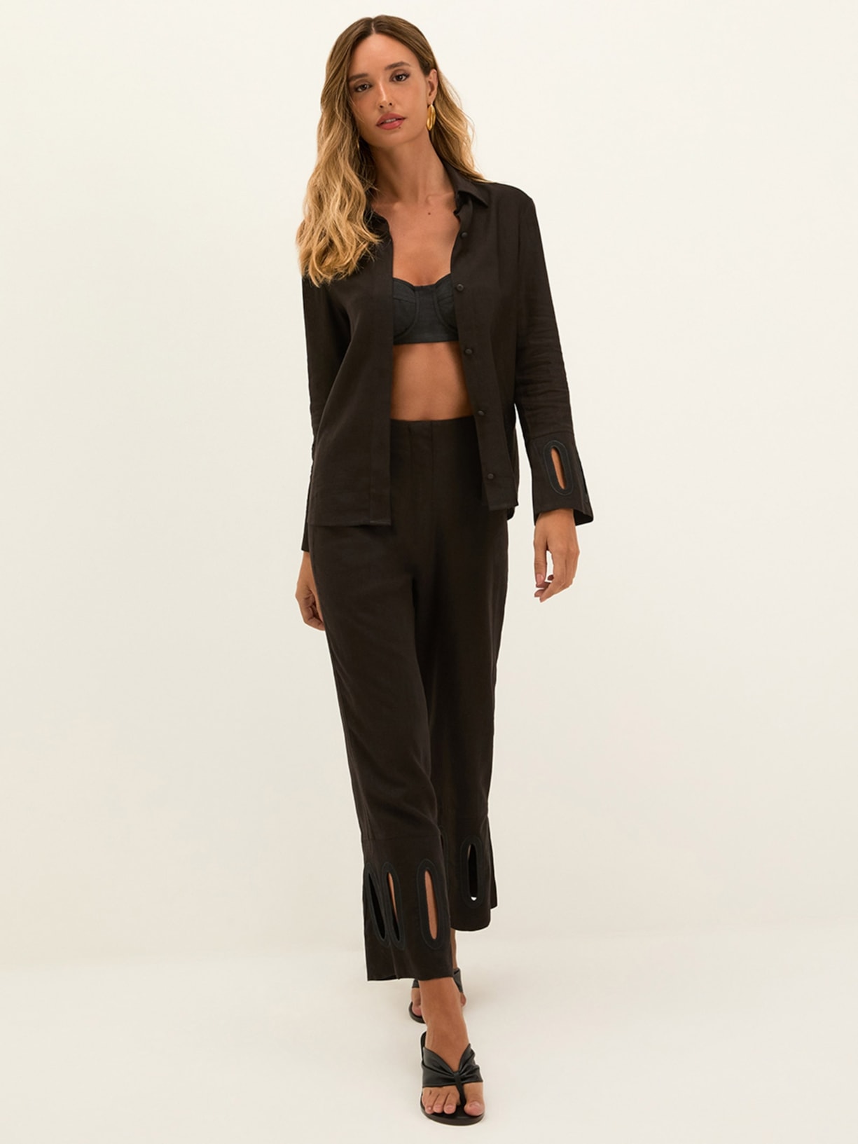 Camisa Feminina Manga Longa Laura Detalhe Preto Vix
