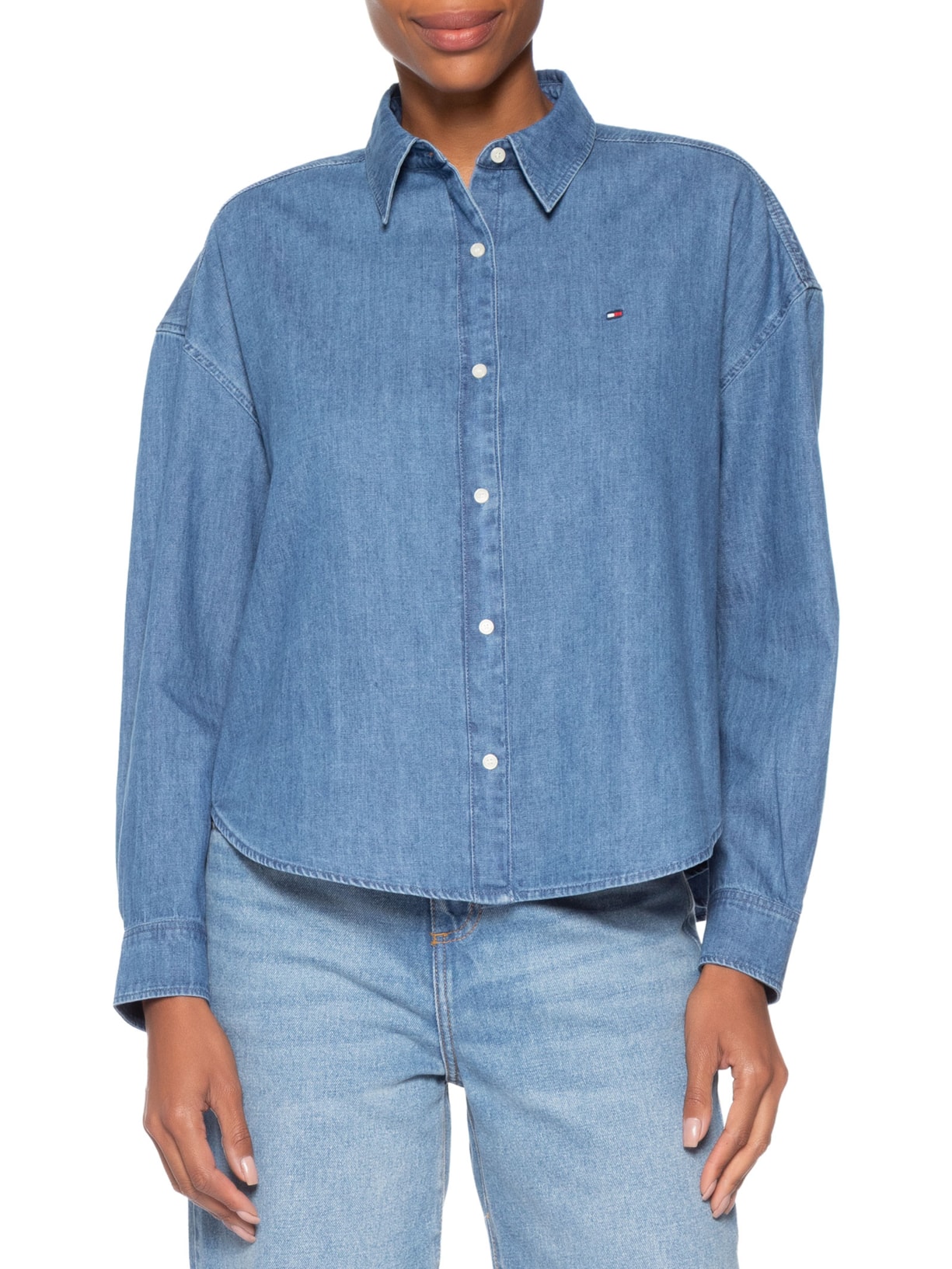 Camisa Feminina Manga Longa Light Denim Boxy Azul Tommy Hilfiger