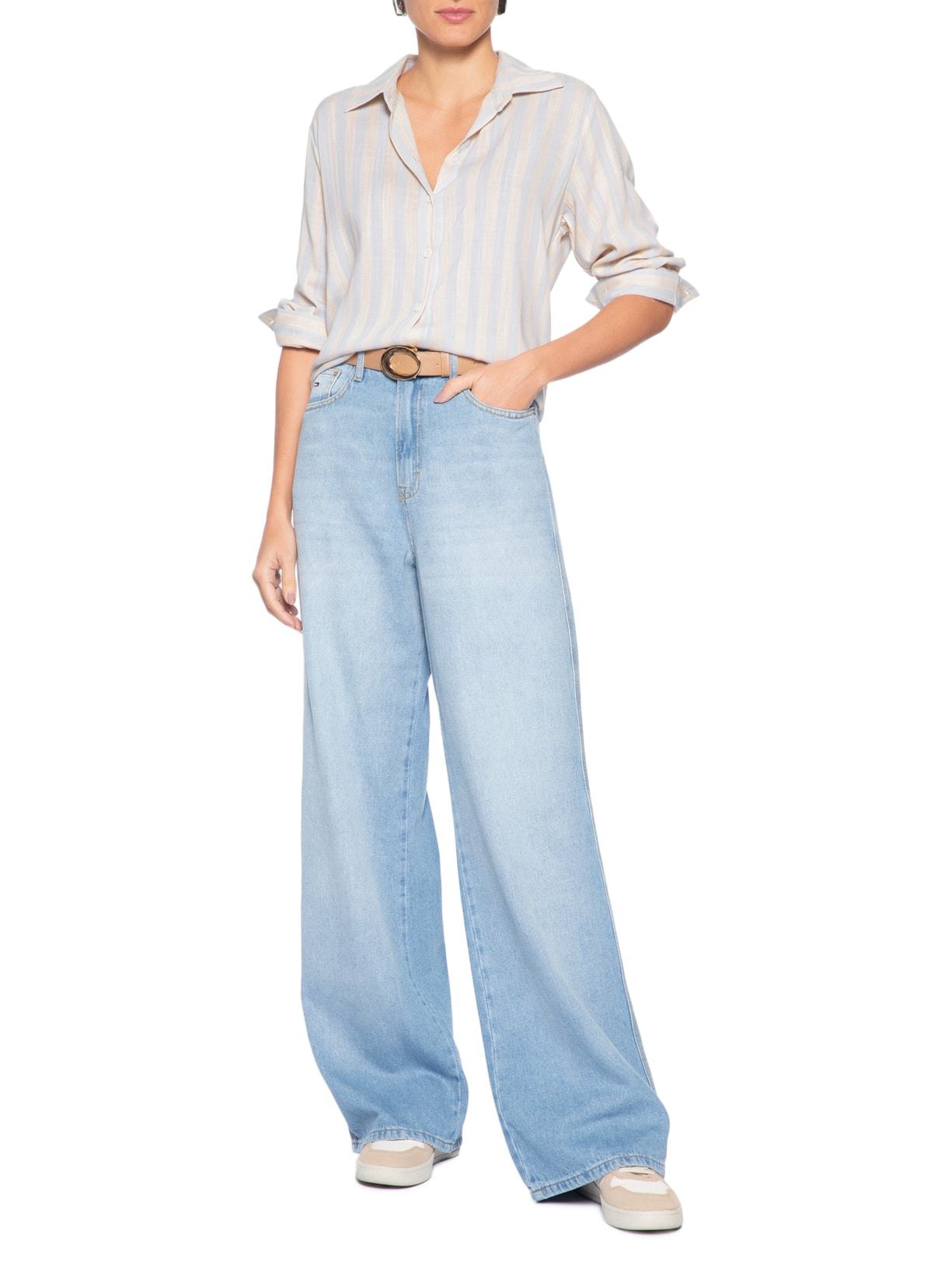 Camisa Feminina Manga Longa Listrada Azul Basiq