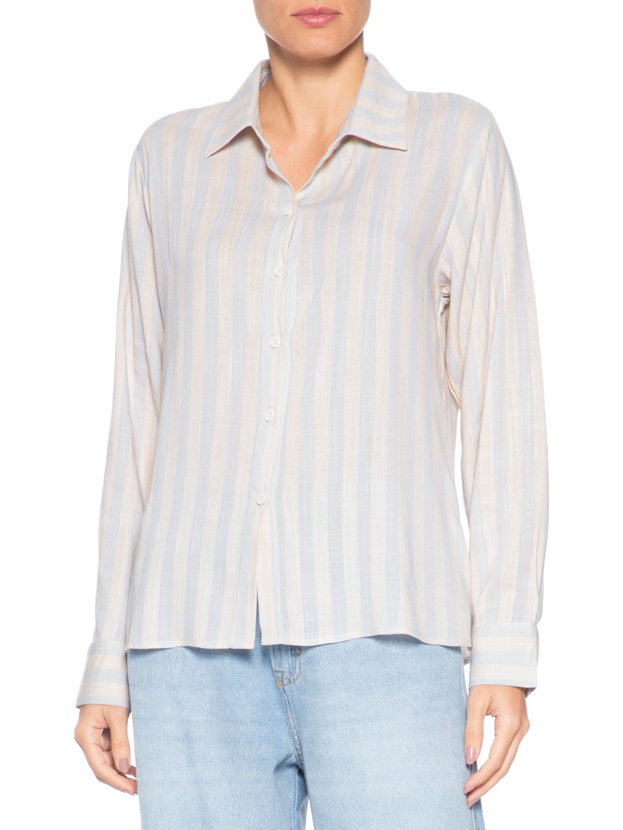 Camisa Feminina Manga Longa Listrada Azul Basiq
