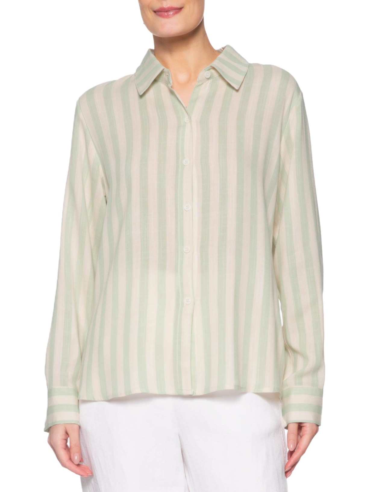 Camisa Feminina Manga Longa Listrada Verde Basiq