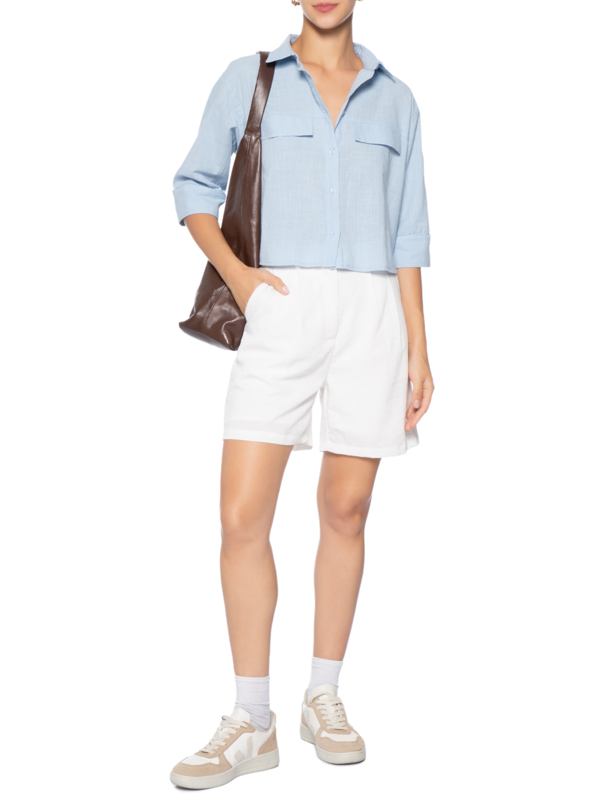 Camisa Feminina Manga Três Quartos Azul Basiq