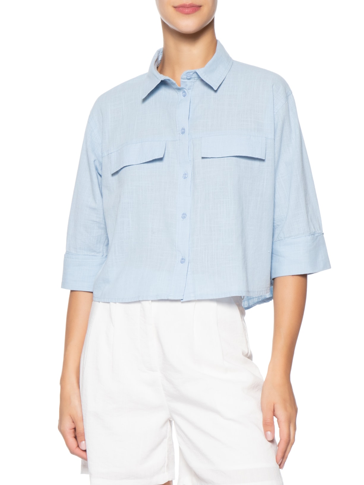 Camisa Feminina Manga Três Quartos Azul Basiq