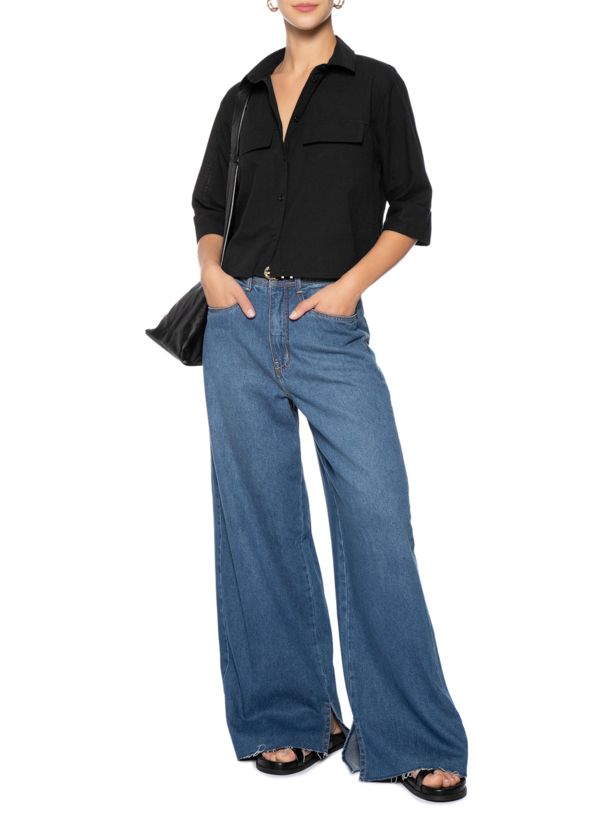 Camisa Feminina Manga Três Quartos Preto Basiq