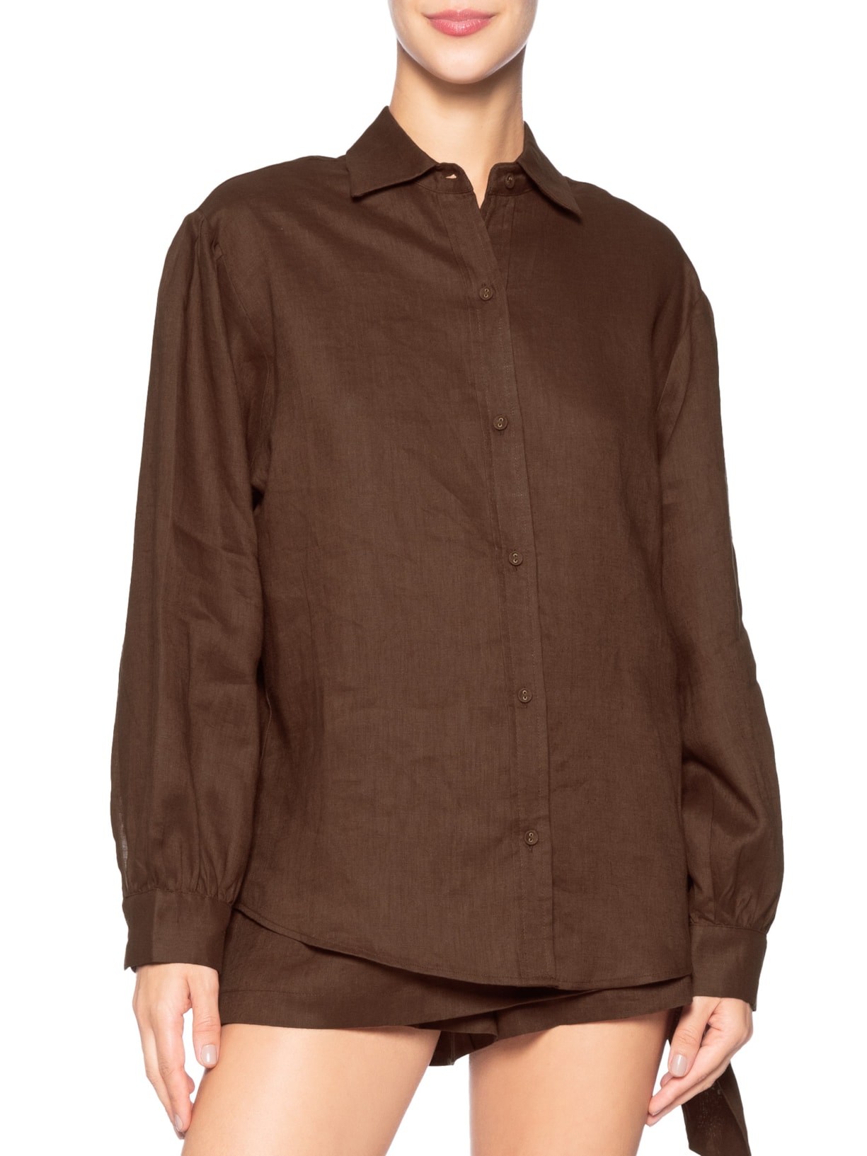 Camisa Feminina Mangas Linho Marrom Farm