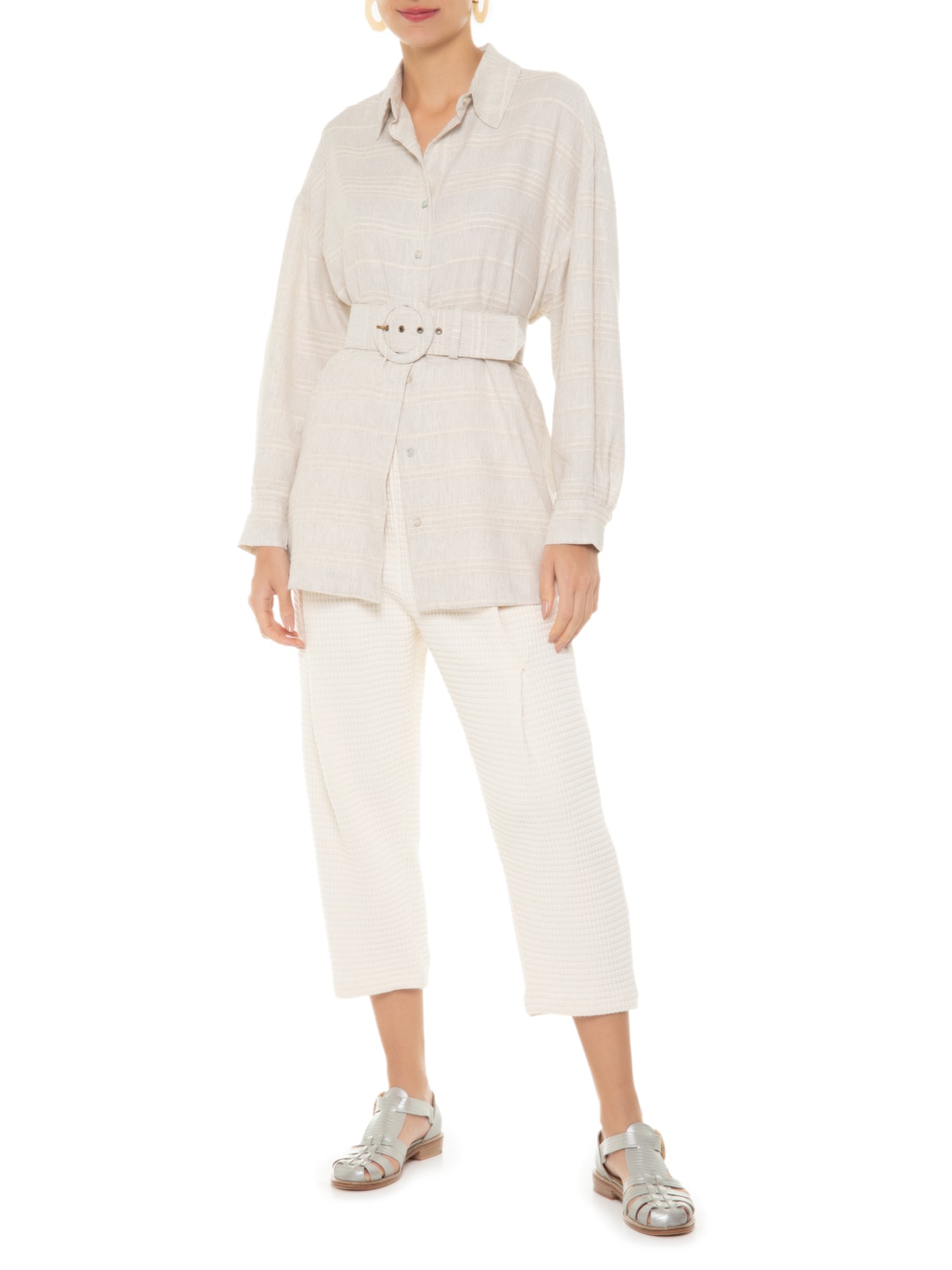 Camisa Feminina Maniquetada Com Cinto Cinza Valônia Véras