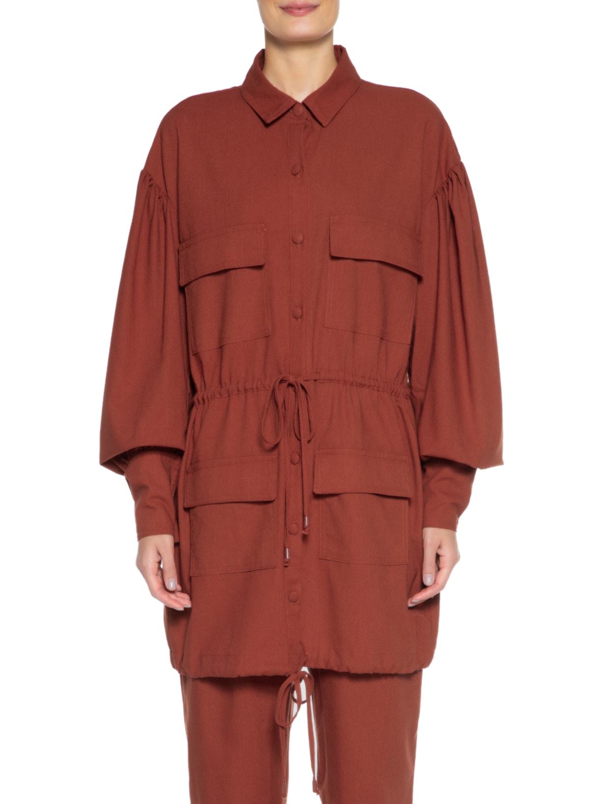 Camisa Feminina Maxi Bolsos Frente Vermelho Farm