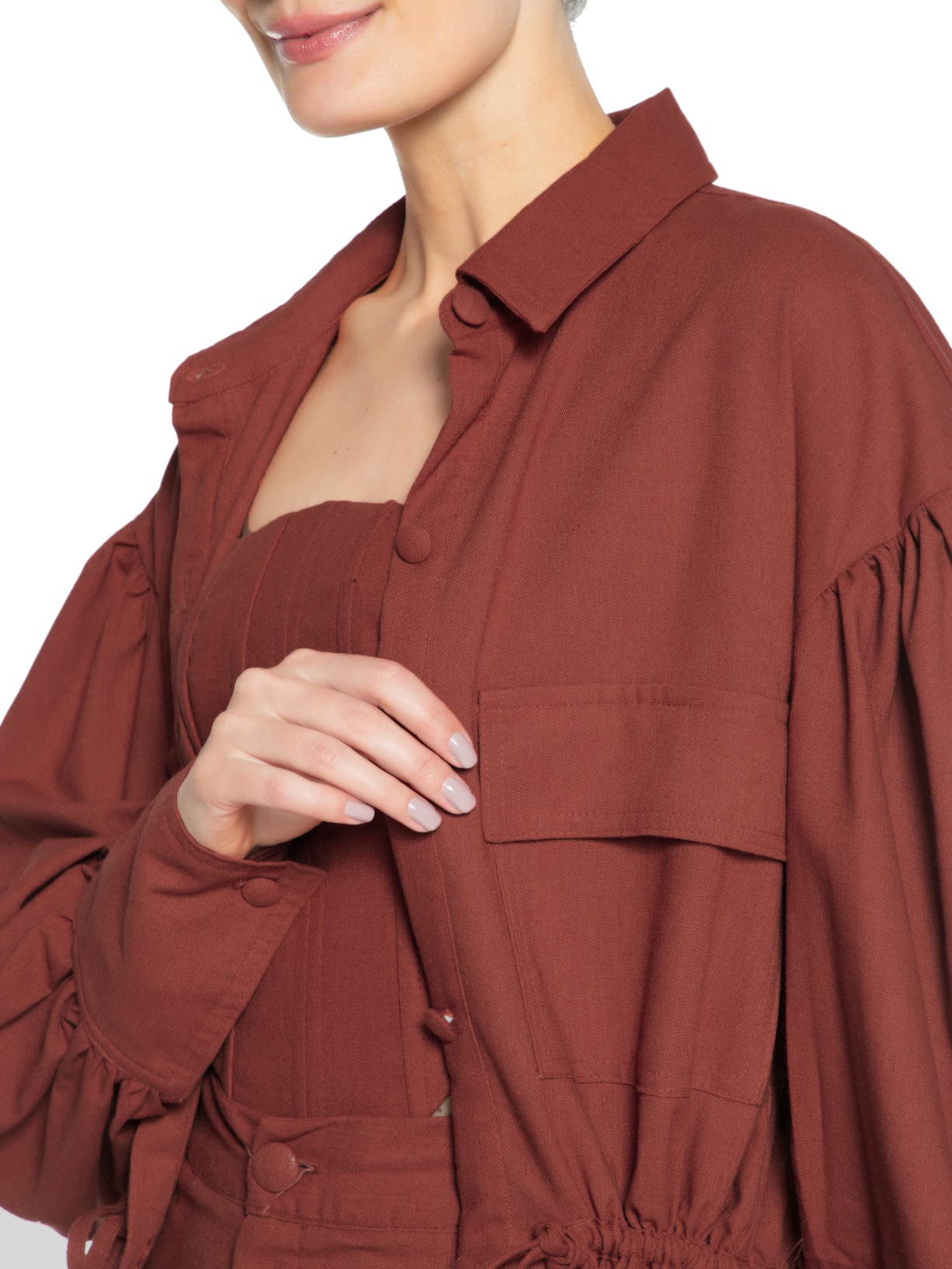 Camisa Feminina Maxi Bolsos Frente Vermelho Farm