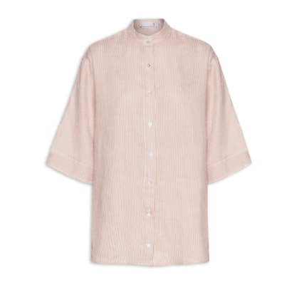 Camisa Feminina Oversized com Ombros Deslocados em Linho Puro Listrado - Bege