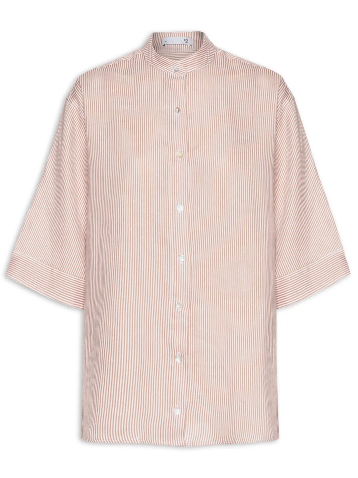 Camisa Feminina Oversized com Ombros Deslocados em Linho Puro Listrado - Bege