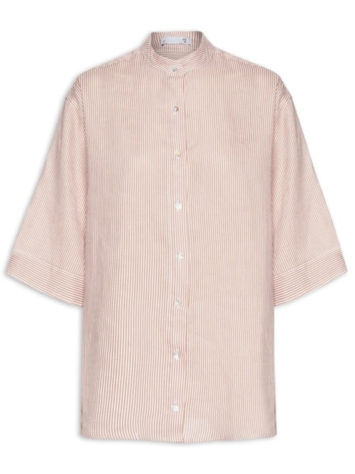 Camisa Feminina Oversized com Ombros Deslocados em Linho Puro Listrado - Bege