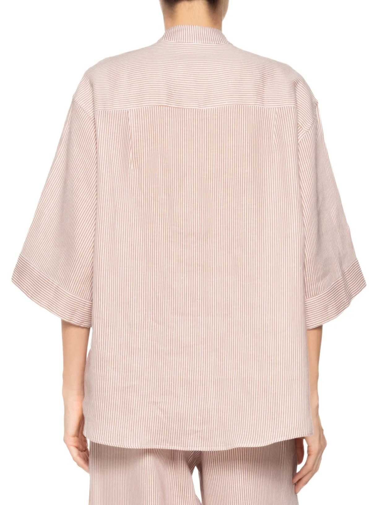 Camisa Feminina Oversized com Ombros Deslocados em Linho Puro Listrado Bege '2Essential