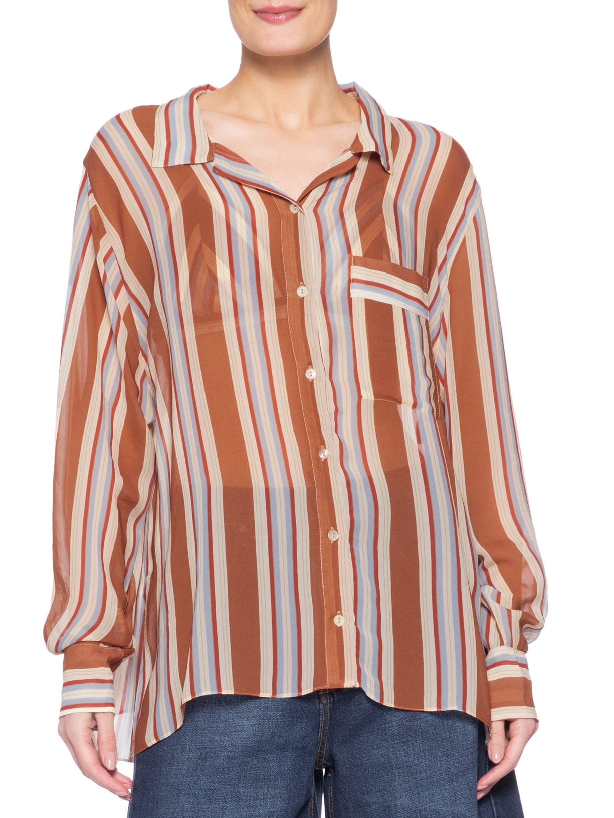 Camisa Feminina Oversized Listra Bordada Azul Animale